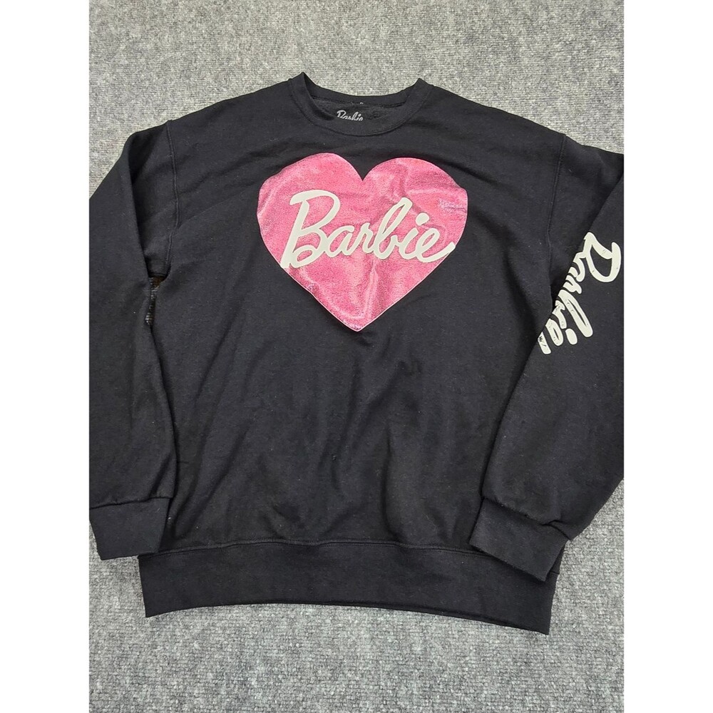 Barbie Sweatshirt Womens M Black Pink Heart Logo Crewneck Graphic Pullover